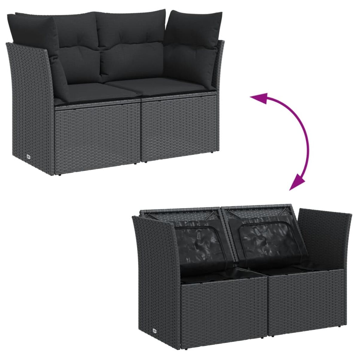 Dunkelgraues Outdoor-Sofa-Set. Ein Bild zeigt das geschlossene Sofa, das andere geöffnet.