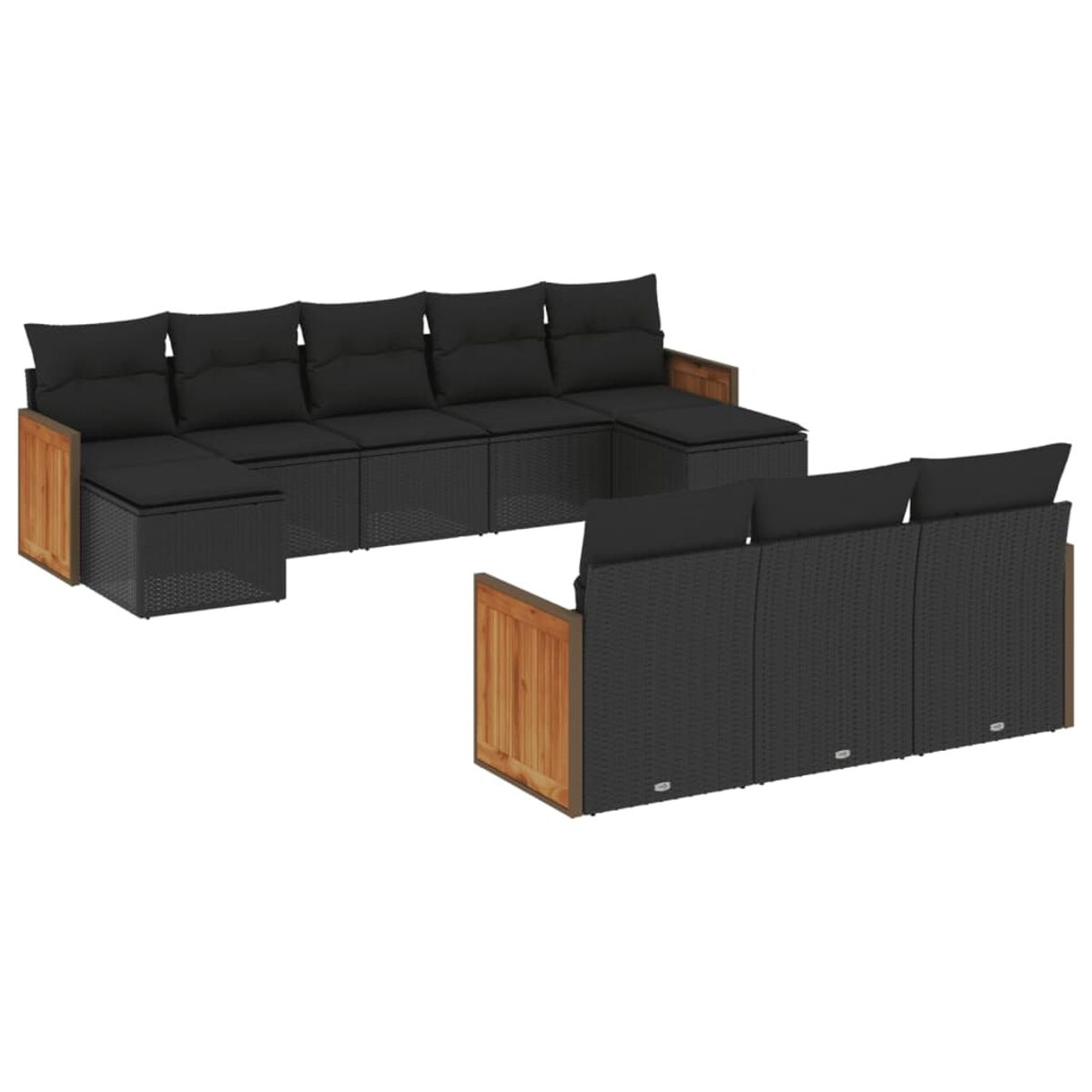 Divano componibile da esterno in vimini nero con finiture in legno. Include più sezioni e cuscini.