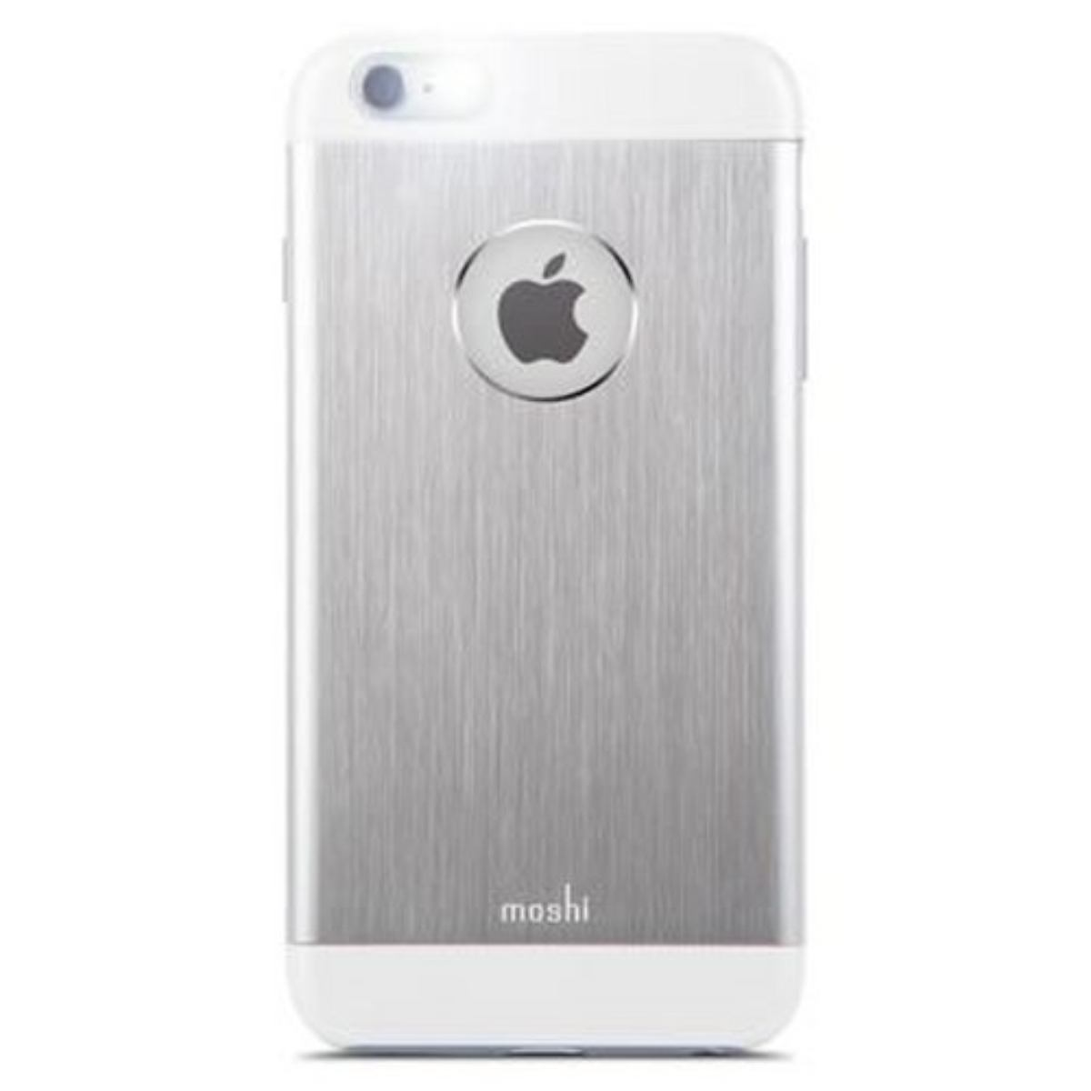Zilveren en witte iPhone-hoes met een zilveren Apple-logo. De achterkant heeft een geborsteld metalen uiterlijk.