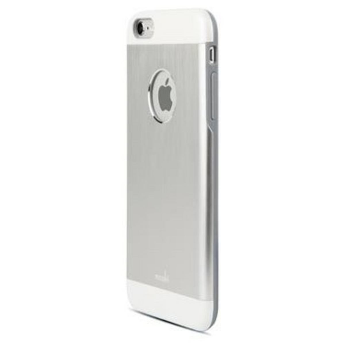 Zilveren iPhone hoesje met witte boven- en onderkant, Apple logo zichtbaar.