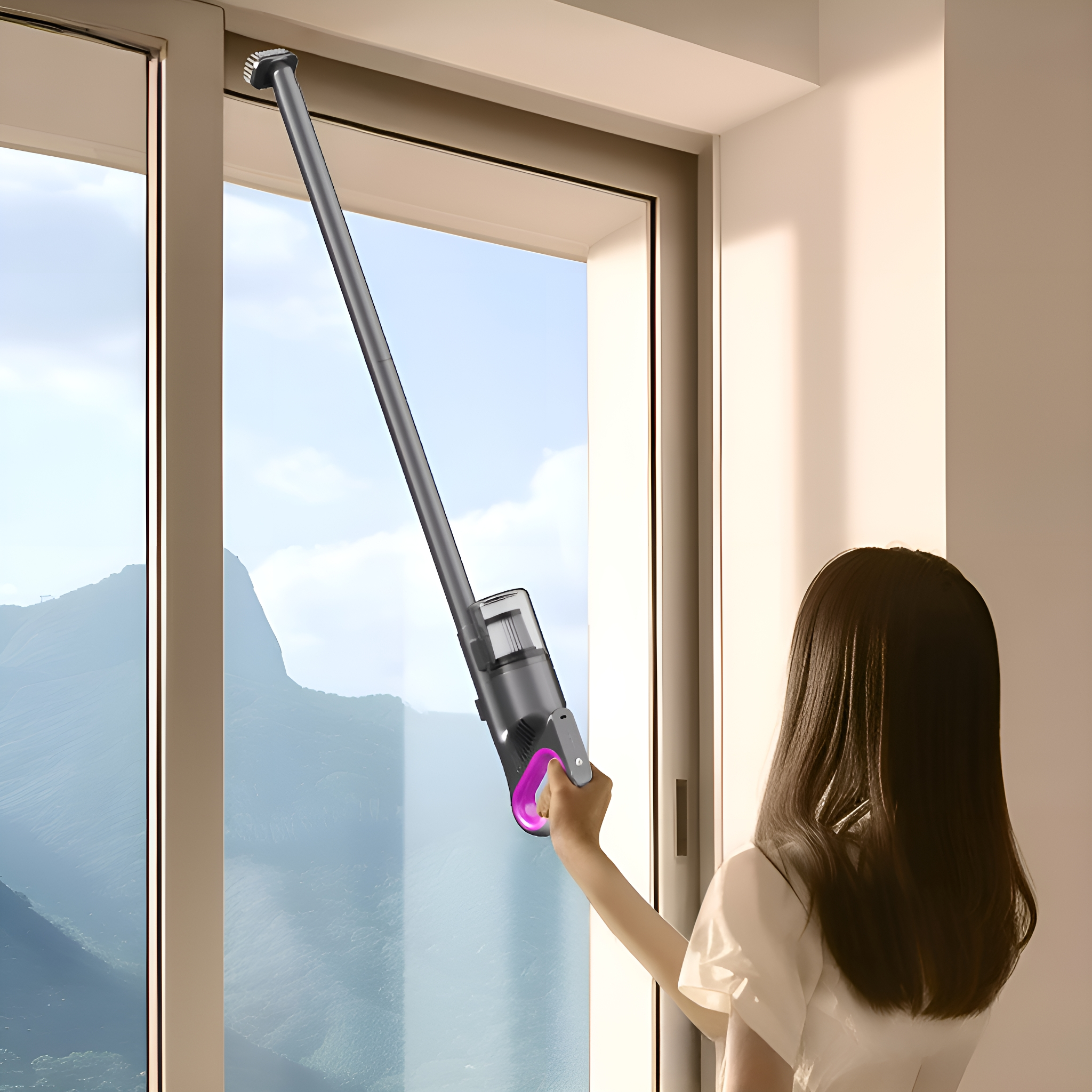 Frau benutzt einen Staubsauger an einem Fenster. Himmel durch das Fenster sichtbar.