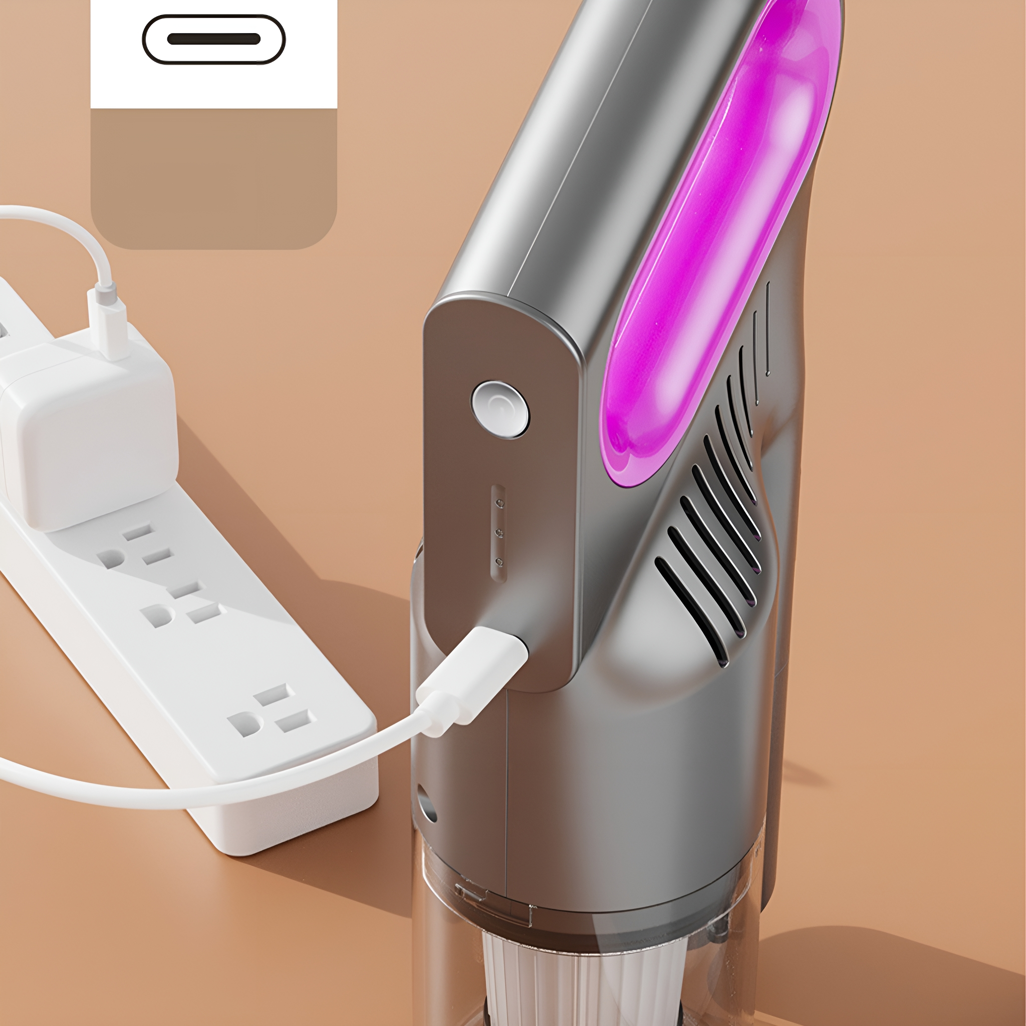 Silber-schwarzer Staubsauger mit lila Licht. An eine Steckdose und ein weißes Kabel angeschlossen.