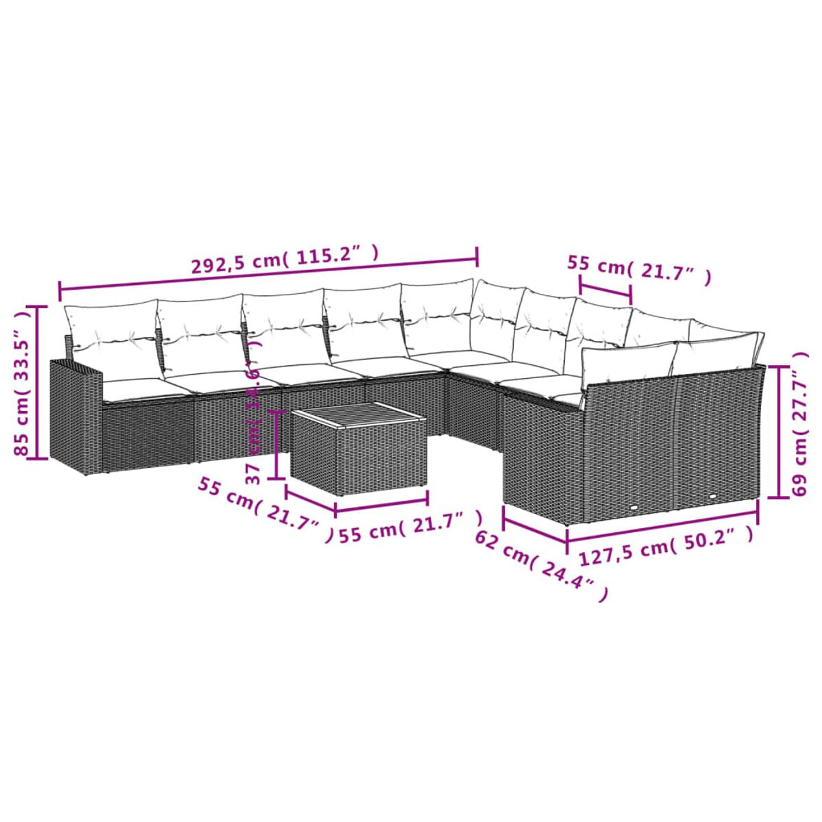 Ein Rattansofa-Set mit Kissen und einem Beistelltisch. Abmessungen sind in Zentimetern angegeben.