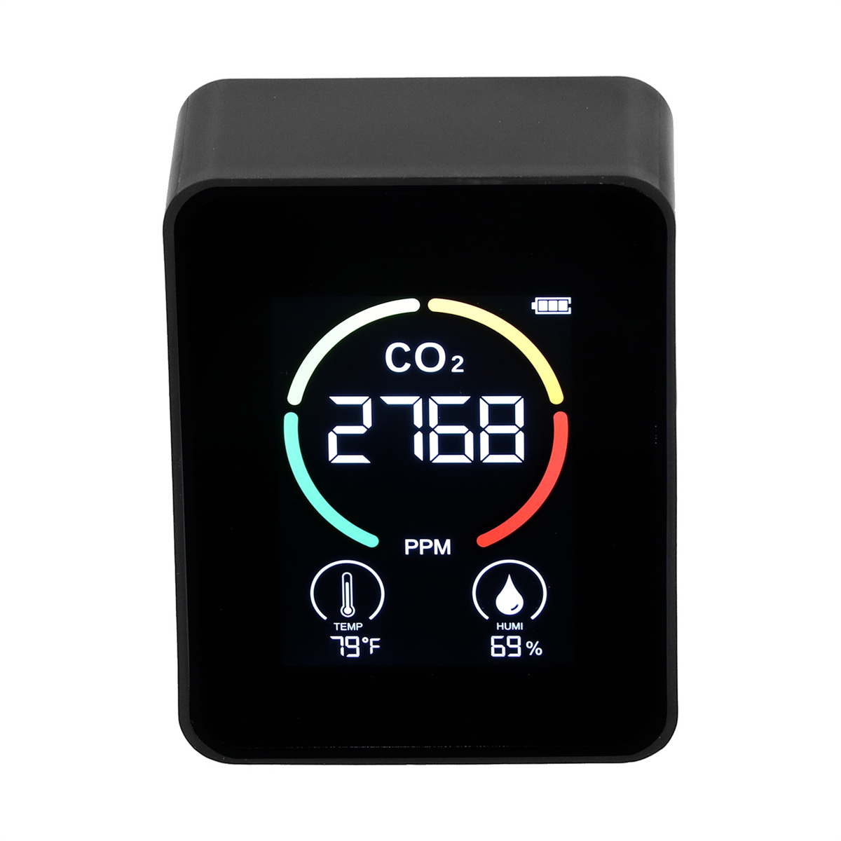 Schwarzer Luftqualitätsmonitor, der CO2-Wert, Temperatur und Luftfeuchtigkeit auf einem Bildschirm anzeigt.