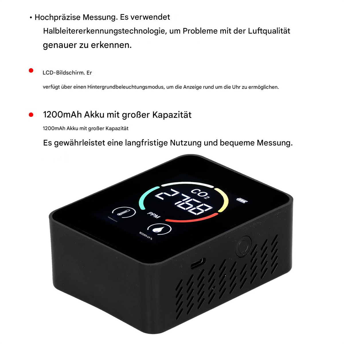 Schwarzer Luftqualitätsmonitor mit Messwerten. Text auf dem Bildschirm. Schwarzes Gehäuse mit Display.