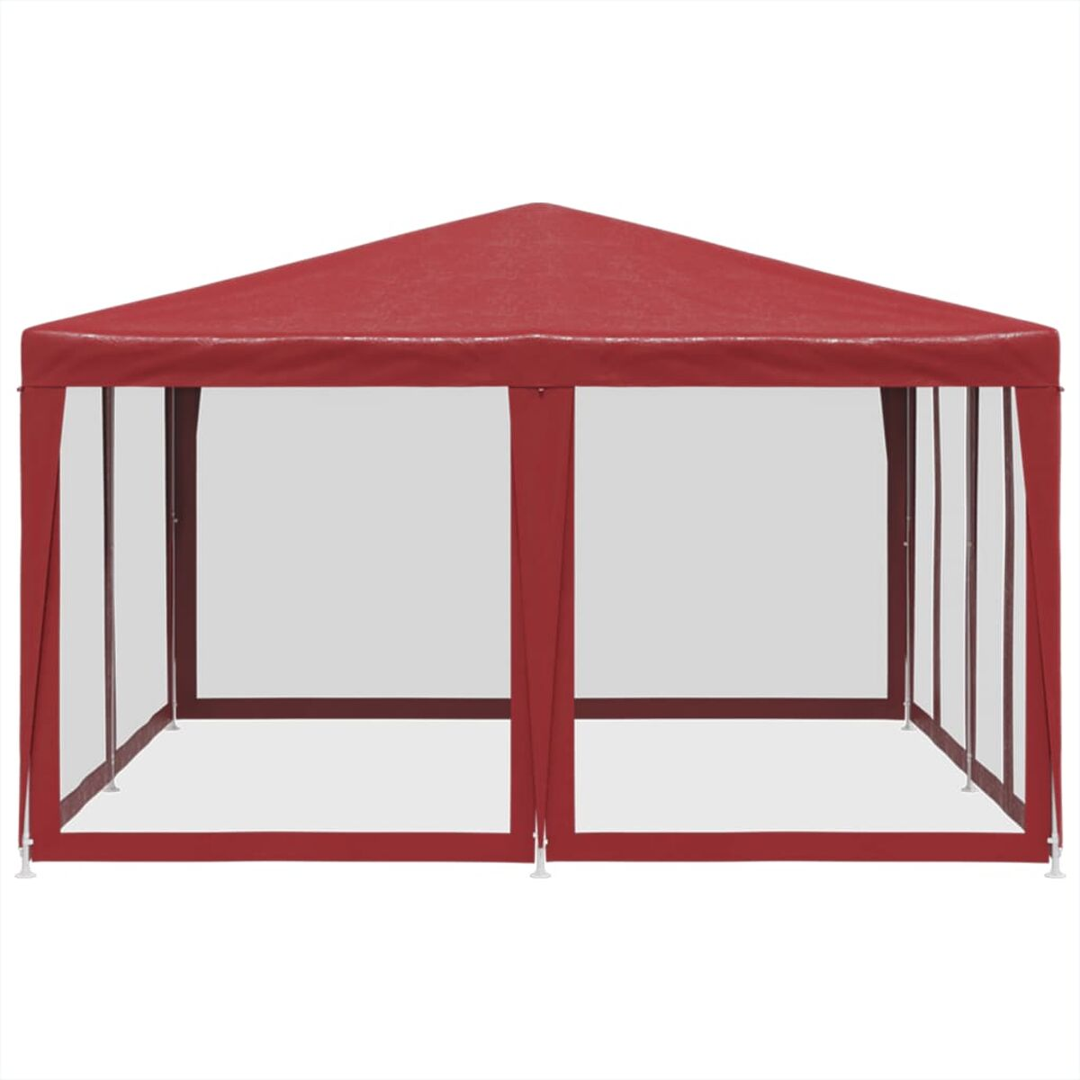 Un gazebo rettangolare rosso con pali bianchi e pannelli laterali trasparenti. Il tetto è rosso.