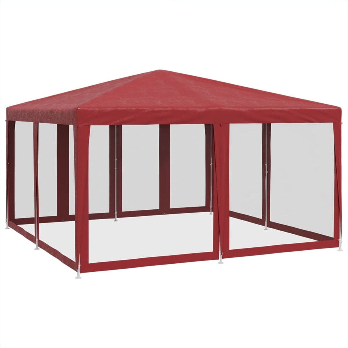 Gazebo rosso con pannelli laterali trasparenti. Sfondo bianco. Vista chiara.