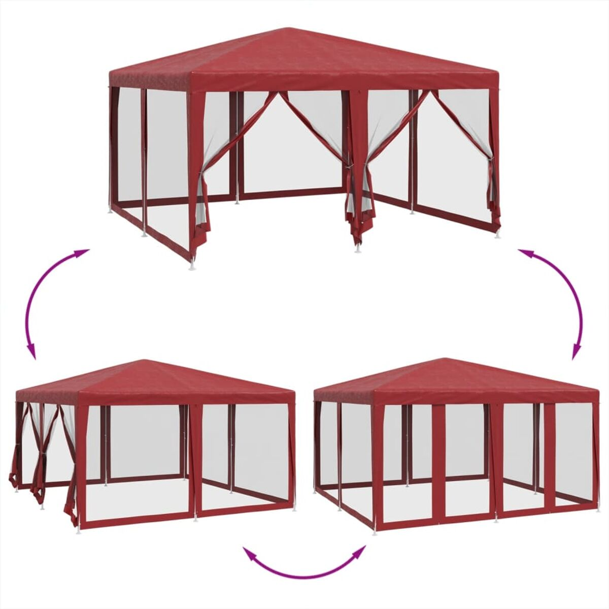 Gazebo rosso visualizzato in tre diverse configurazioni.