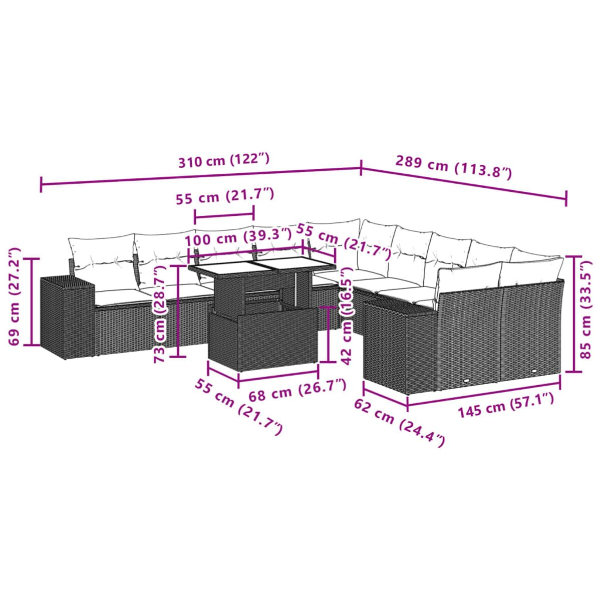 Un diagramma con le dimensioni di un divano componibile da esterno in rattan con un tavolino. Le misure sono in cm e pollici.