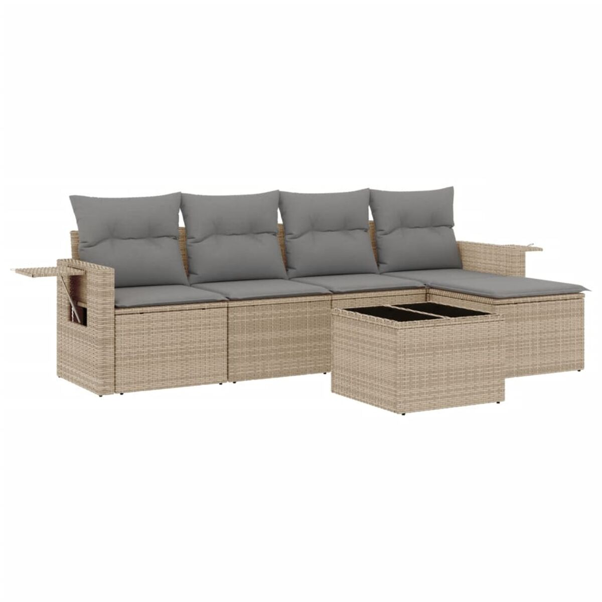 Divano componibile beige con cuscini grigi, tavolo e spazio contenitore. Esterno.