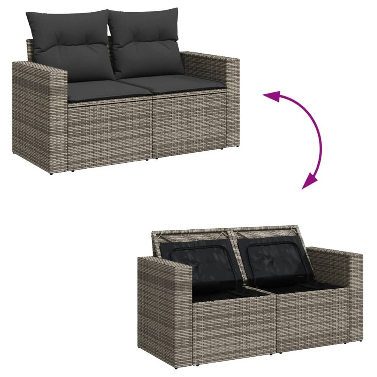 Rattansofa mit schwarzen Kissen. Ein Foto zeigt das Sofa mit Kissen, das andere zeigt Stauraum unter den Sitzen.