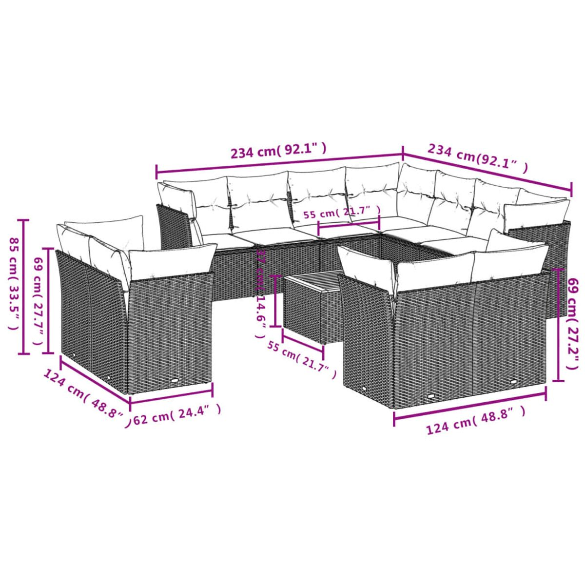 Großes Outdoor-Rattan-Sofaset. Enthält einen Tisch, zwei Stühle und ein Sofa.