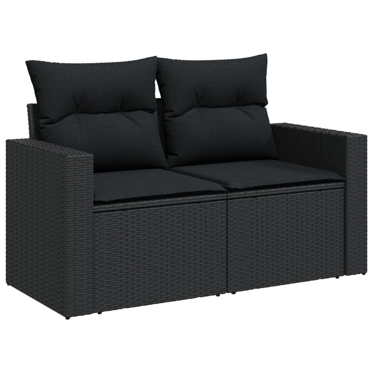 Schwarzes Zweisitzer-Sofa aus Korbgeflecht mit schwarzen Kissen. Gewebte Struktur.