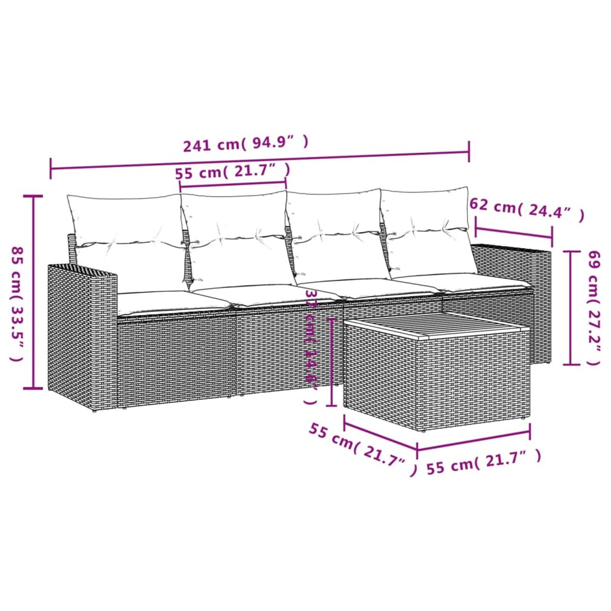 Diagramm eines Rattan-Sofas und -Couchtisches mit Maßen in cm.