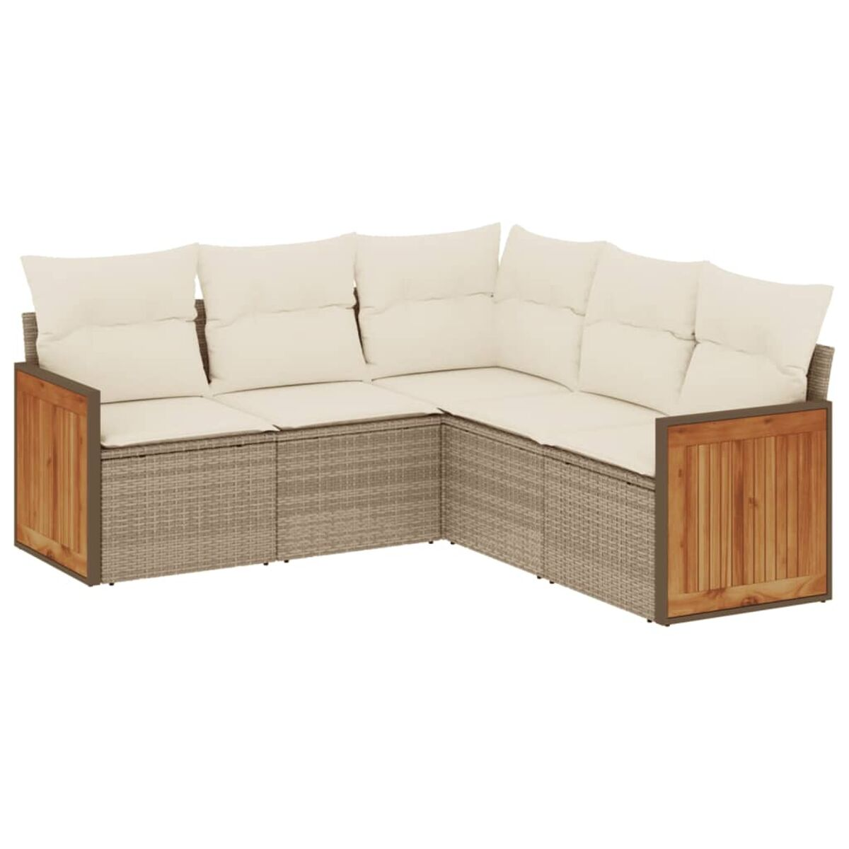 Un divano componibile con cuscini beige e struttura in legno marrone, disposto ad angolo.