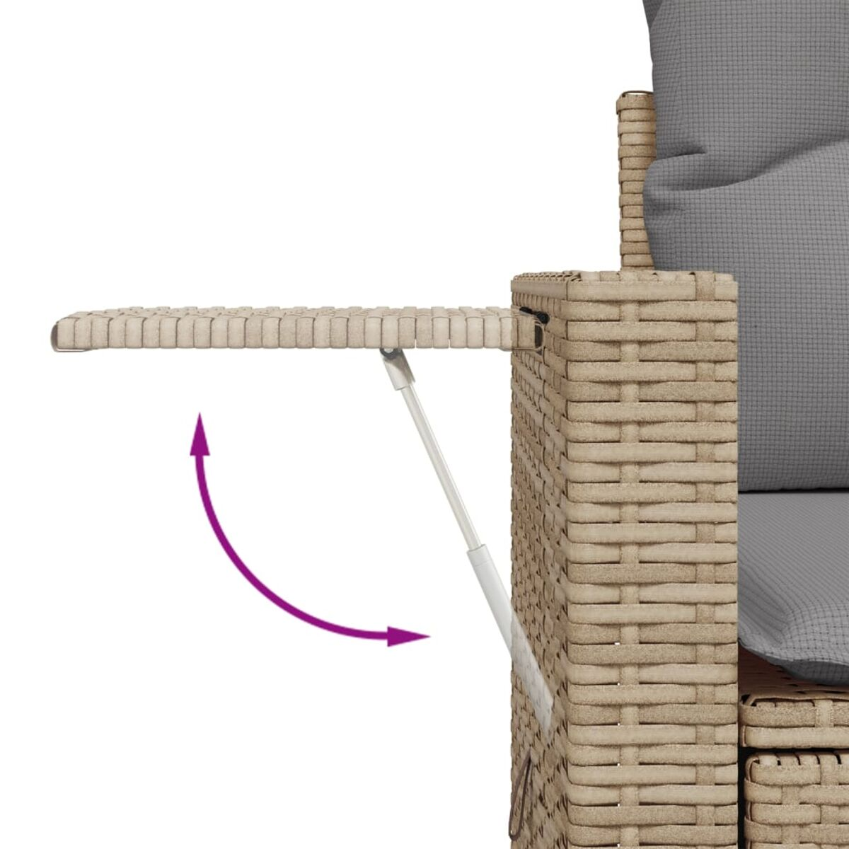 Un primo piano di una sedia in vimini con un tavolo che si apre, con una freccia che indica il movimento.