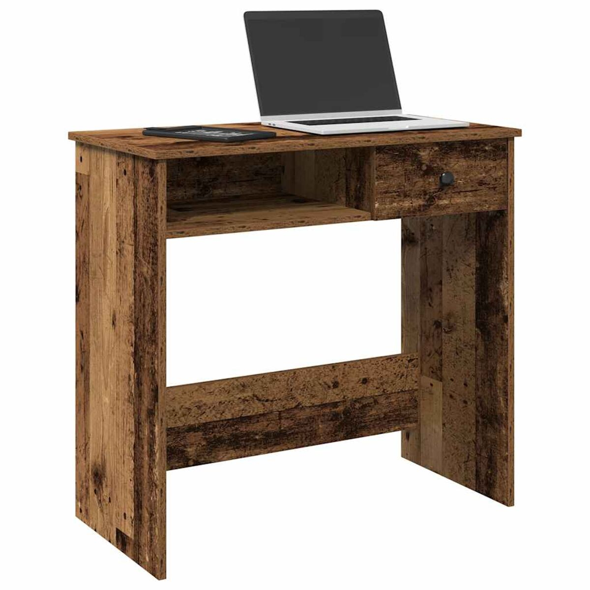 Holzschreibtisch mit Schublade, Laptop und Tablet darauf.