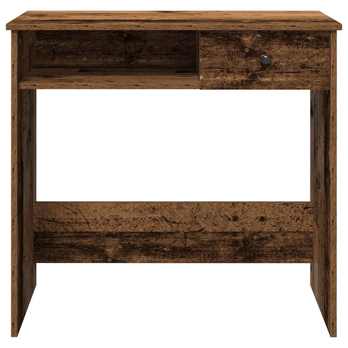 Holzschreibtisch mit Schublade. Der Schreibtisch hat ein einfaches Design mit einer kleinen Schublade rechts.