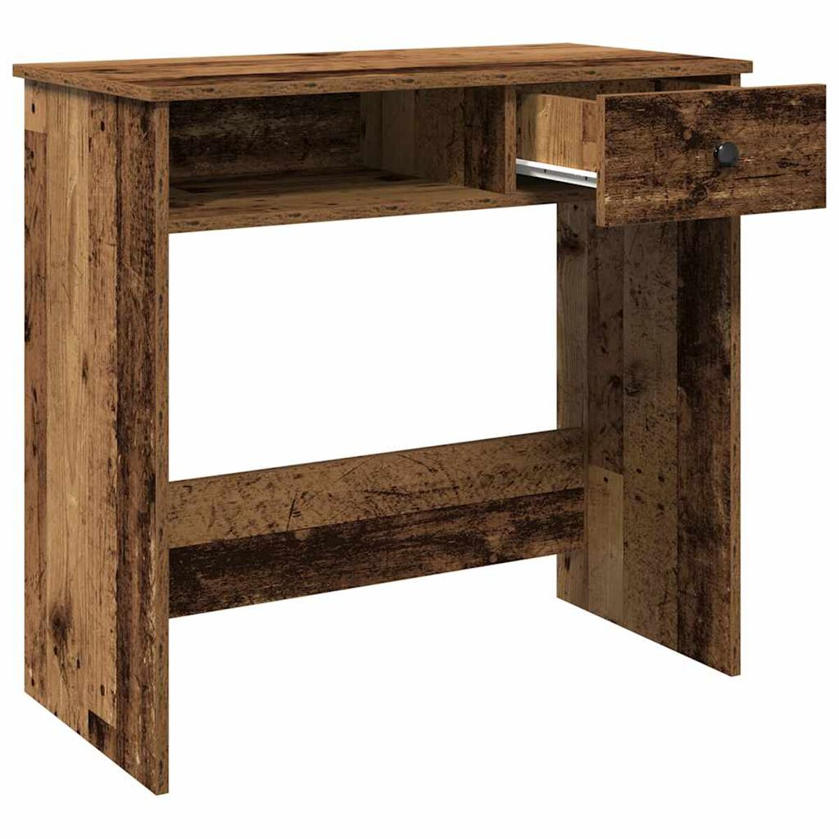 Holzschreibtisch mit offener Schublade. Er hat ein Regal und einen dunklen Knopf.