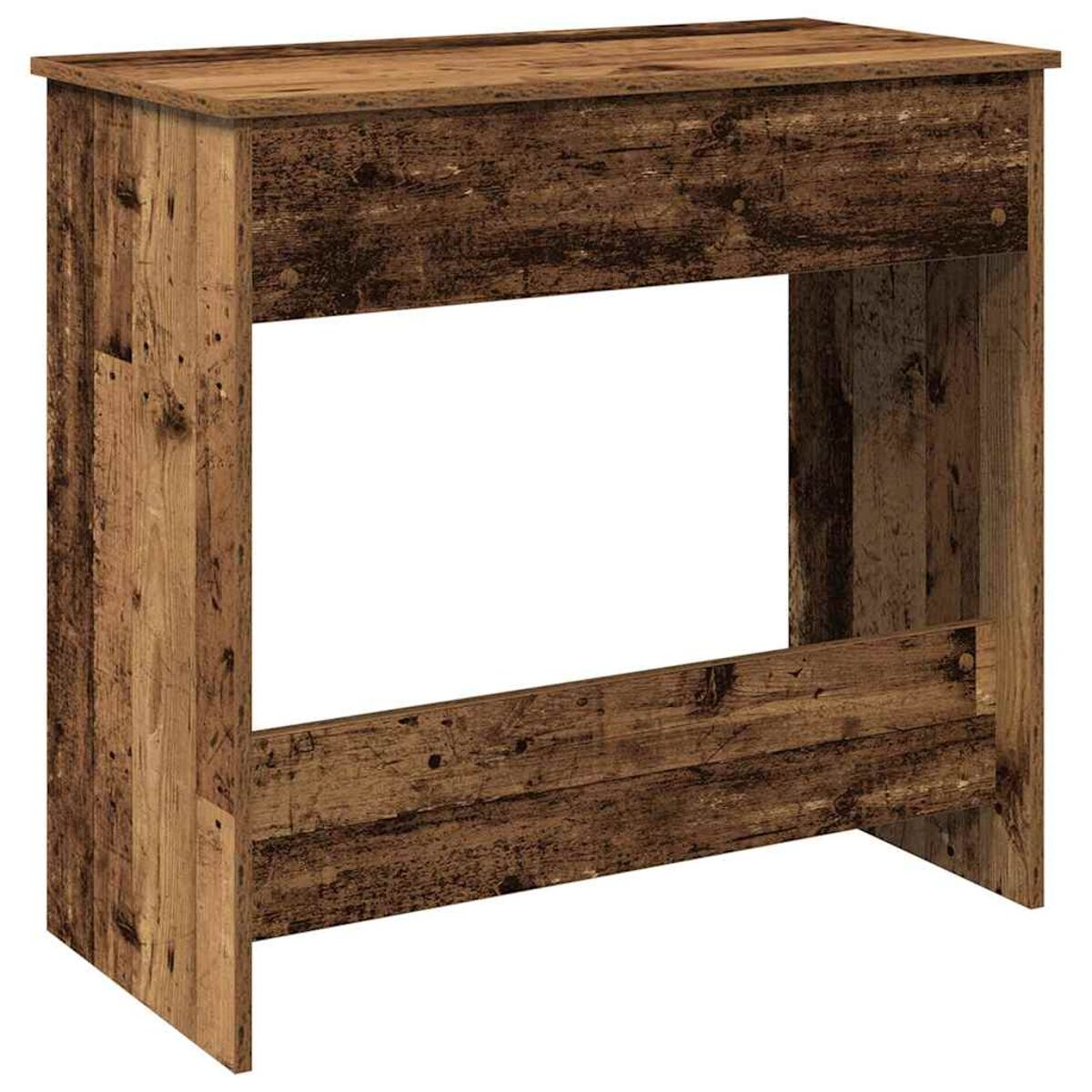 Holzschreibtisch mit offener Front. Braune Holzmaserung. Licht scheint durch den offenen Raum.