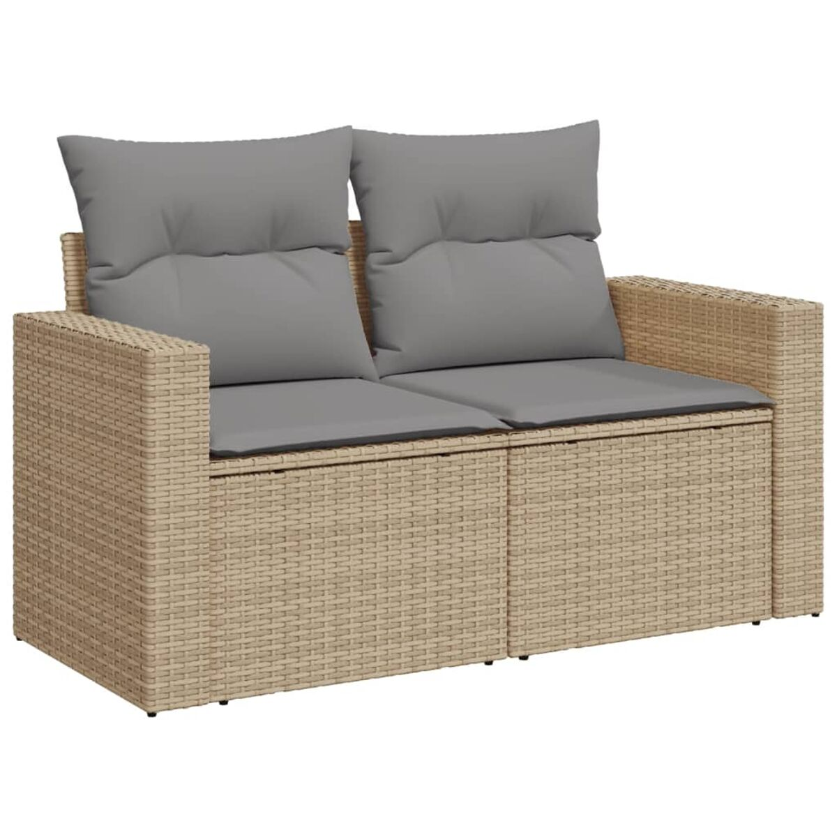 Beiges Outdoor-Liebesitz aus Korbgeflecht. Zwei graue Kissen auf Sitz und Rückenlehne.