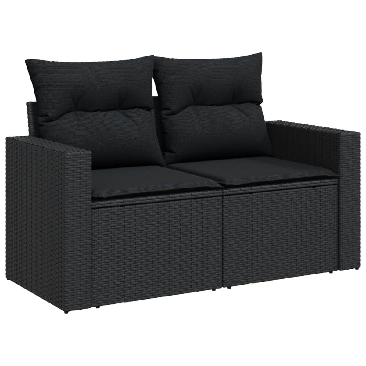 Divanetto in vimini nero con due cuscini. Design semplice, sfondo neutro.