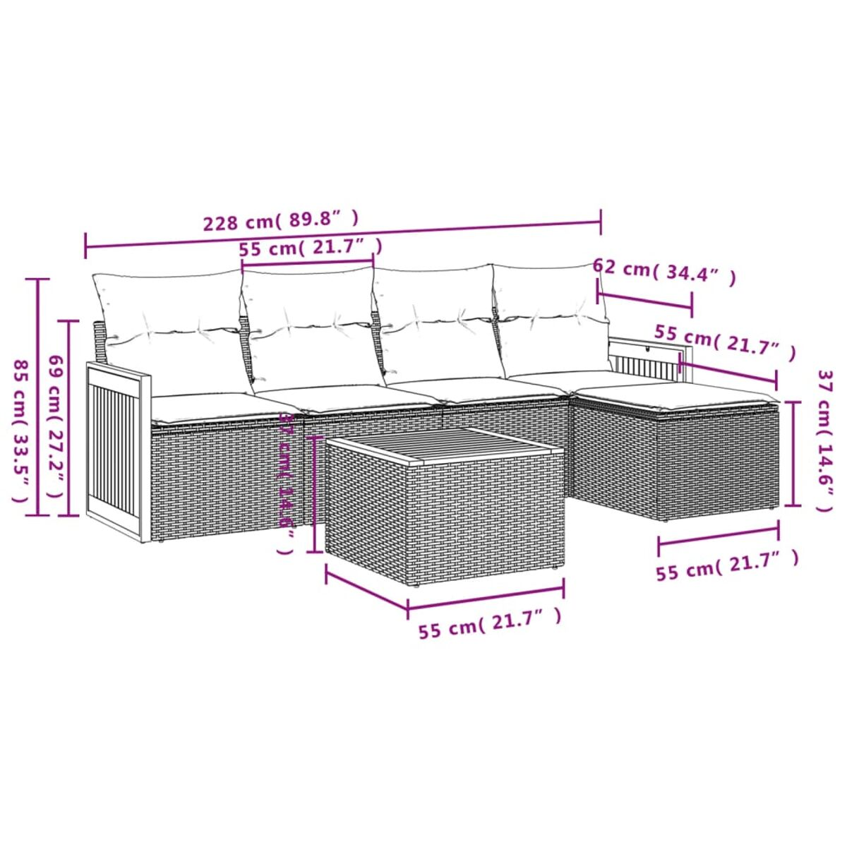 Divano in vimini con dimensioni, tavolino e pouf coordinati.
