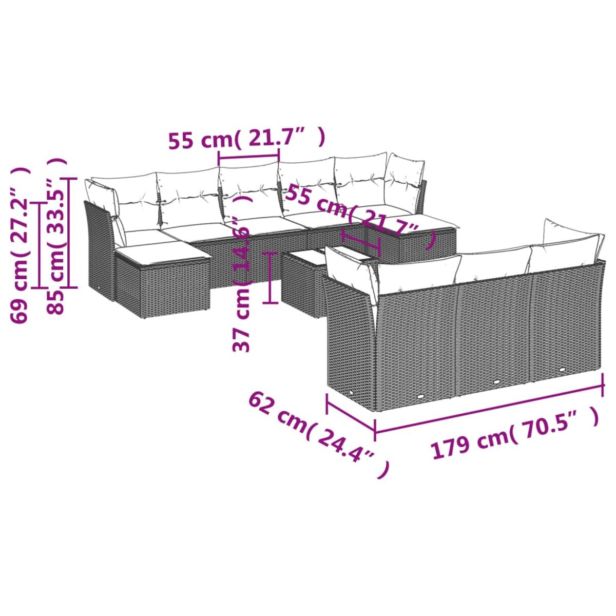 Diagramma di mobili da patio all'aperto con dimensioni, che mostra un divano componibile e un tavolo.