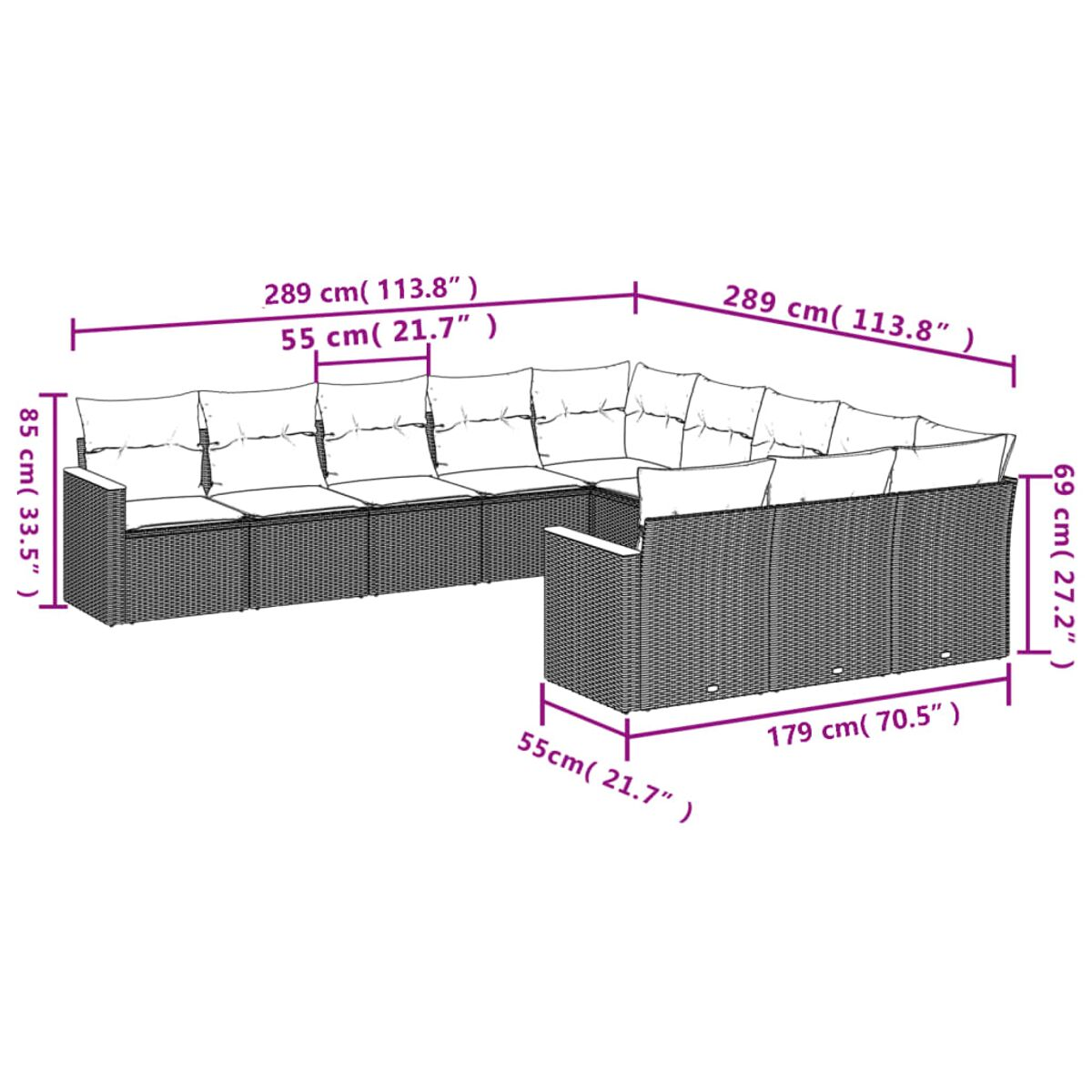 Ein großes Ecksofa aus Korbgeflecht mit beschrifteten Abmessungen. Das Sofa ist hellbraun.