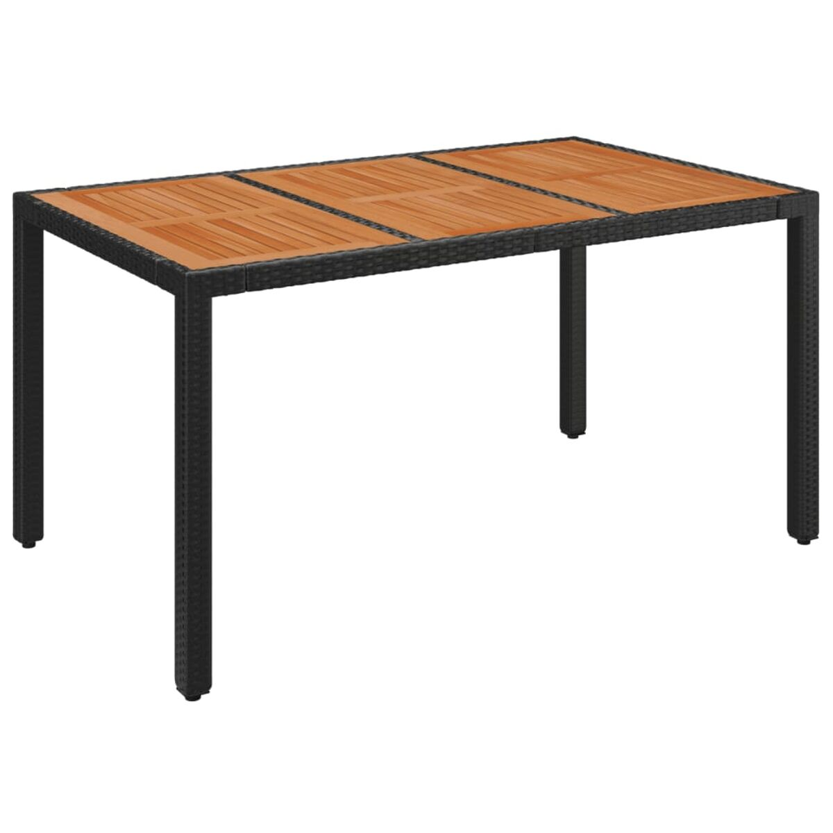 Tavolo rettangolare in legno con cornice nera. Il tavolo è vuoto e ha una superficie in legno marrone chiaro.