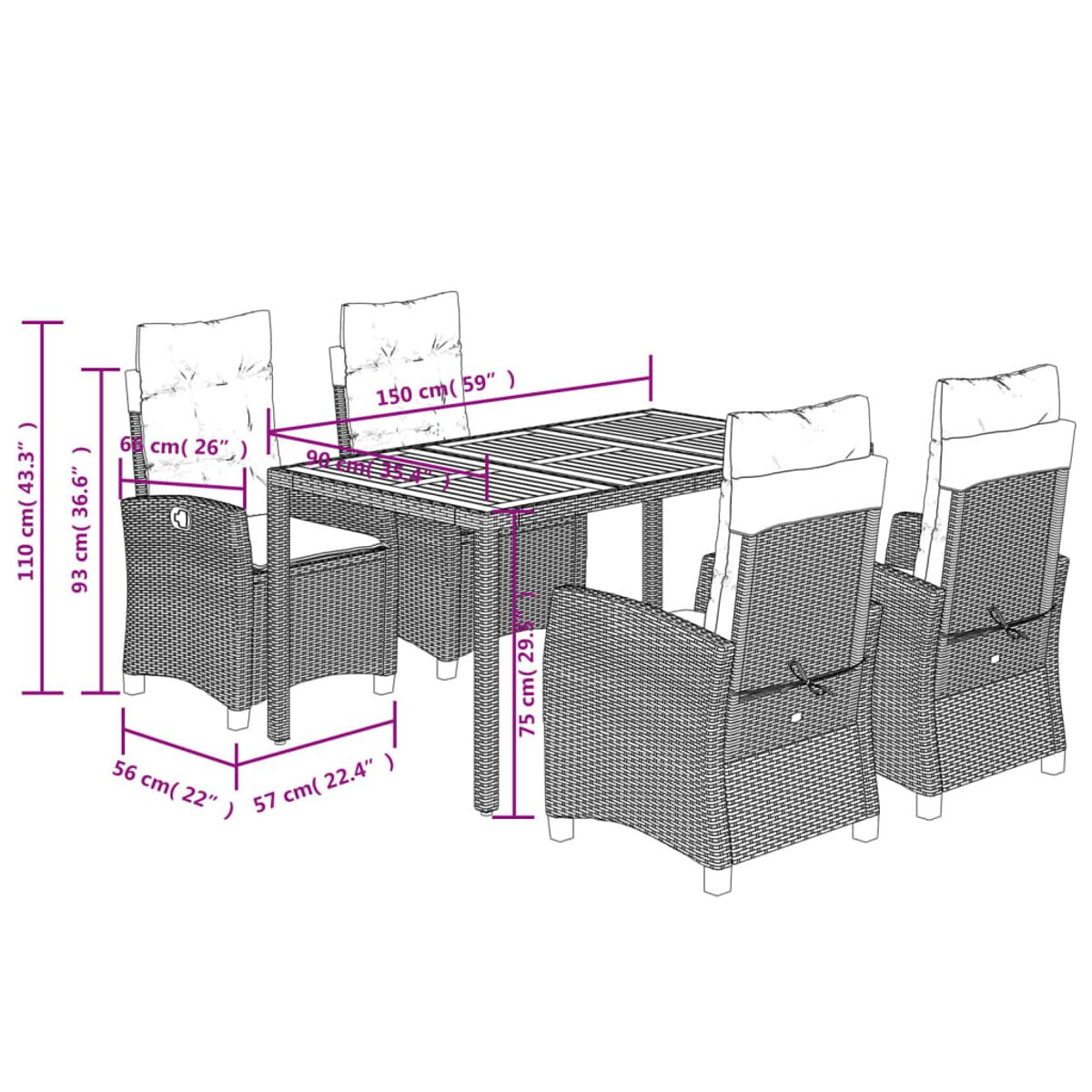 Diagramma di un set da pranzo da esterno in rattan con tavolo e sei sedie, con dimensioni.