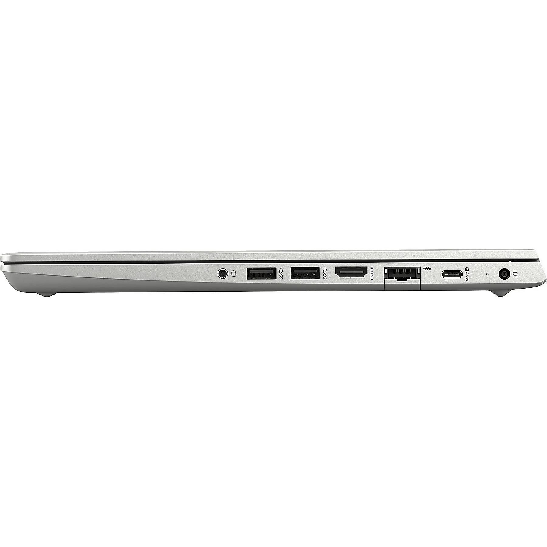 Seitenansicht eines silbernen Laptops mit Anschlüssen.