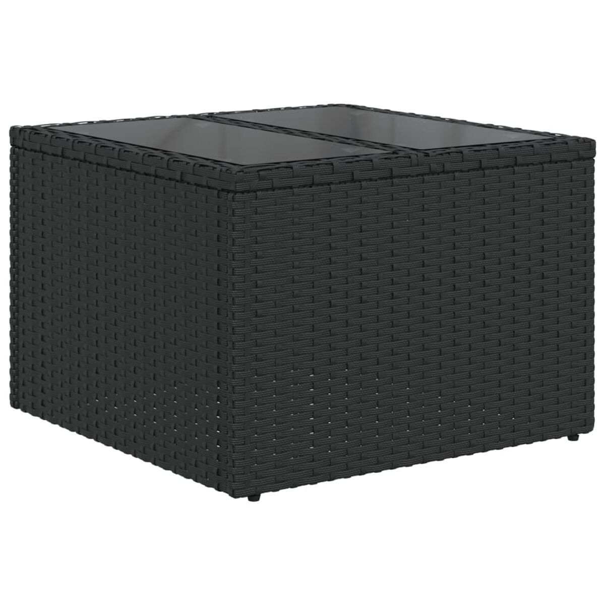 Tavolo quadrato nero da esterno con trama intrecciata e piano in vetro.
