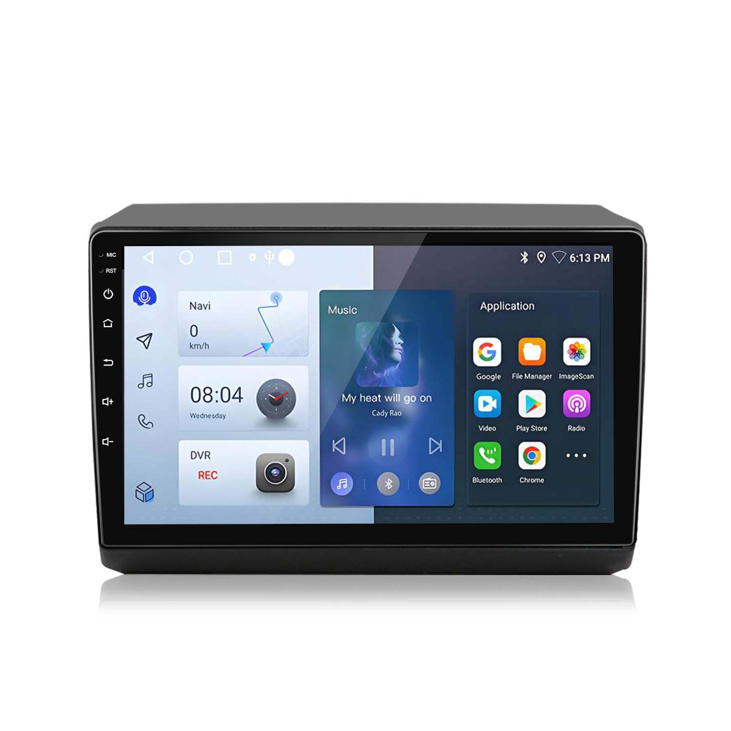 Autoradio nero con touchscreen che mostra navigazione e interfaccia musicale.