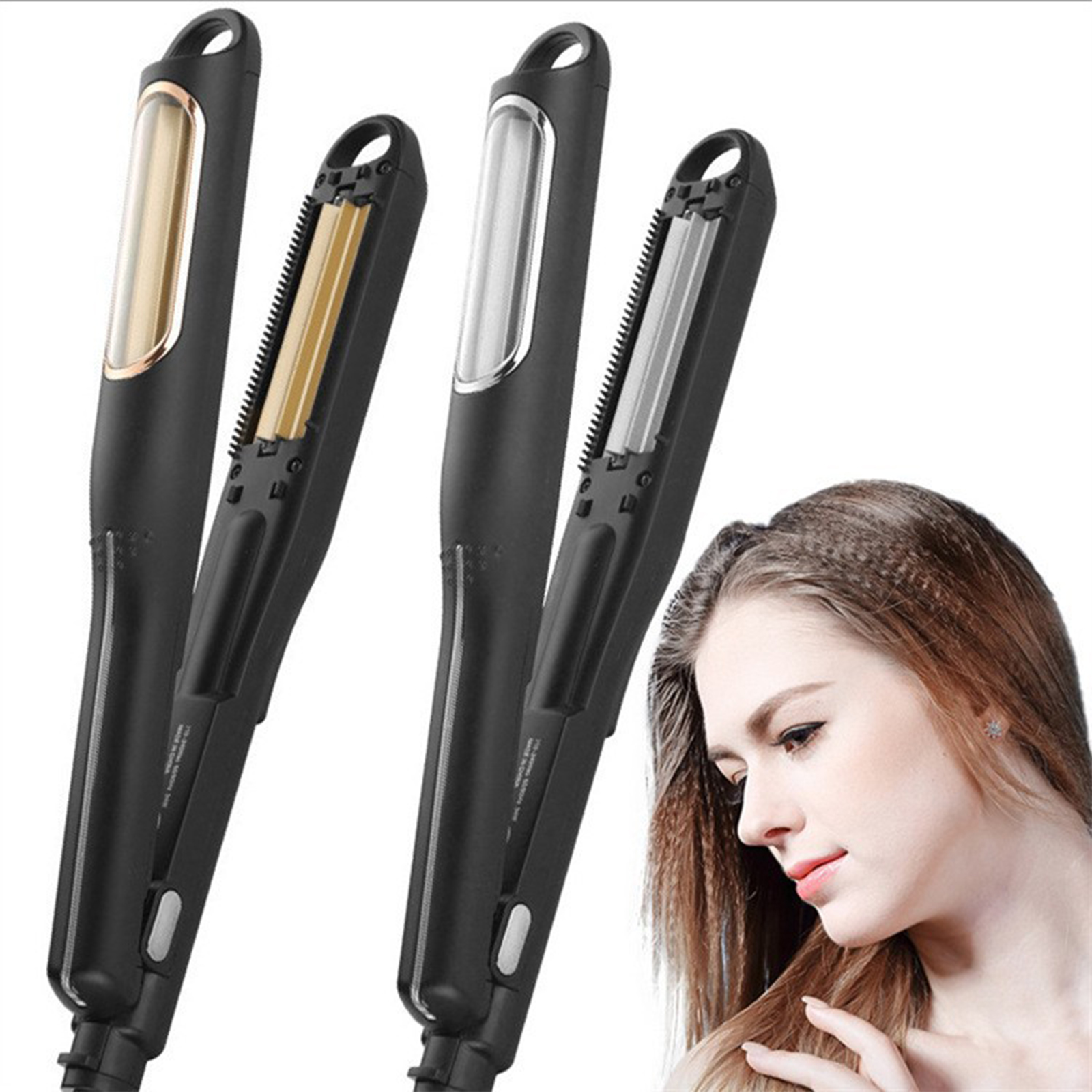 Drei schwarze Haarstyling-Tools, eines goldfarben, eines silberfarben, und eine Frau mit krausem Haar.