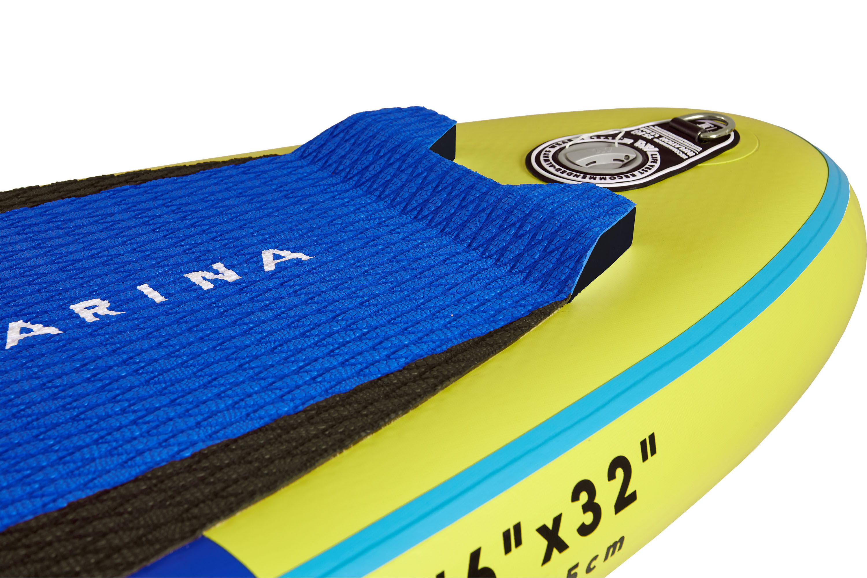 Gelb-blaues Stand-Up-Paddleboard mit blau strukturierter Grifffläche und Text.