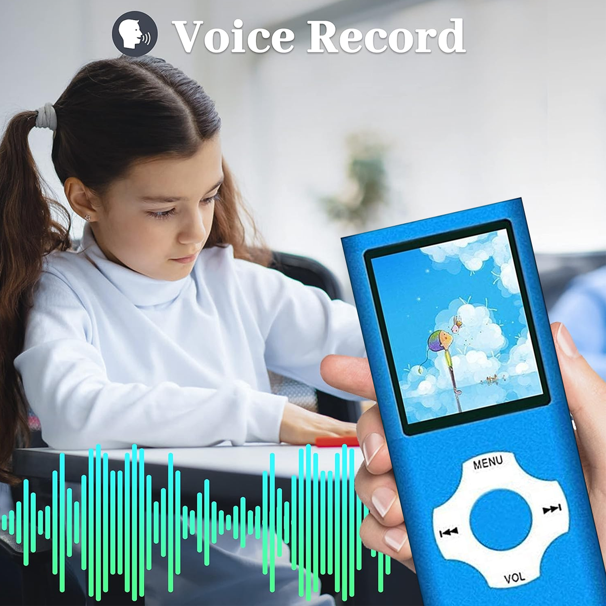 Ein Mädchen hält einen blauen MP3-Player mit Schallwellen in der linken Ecke.