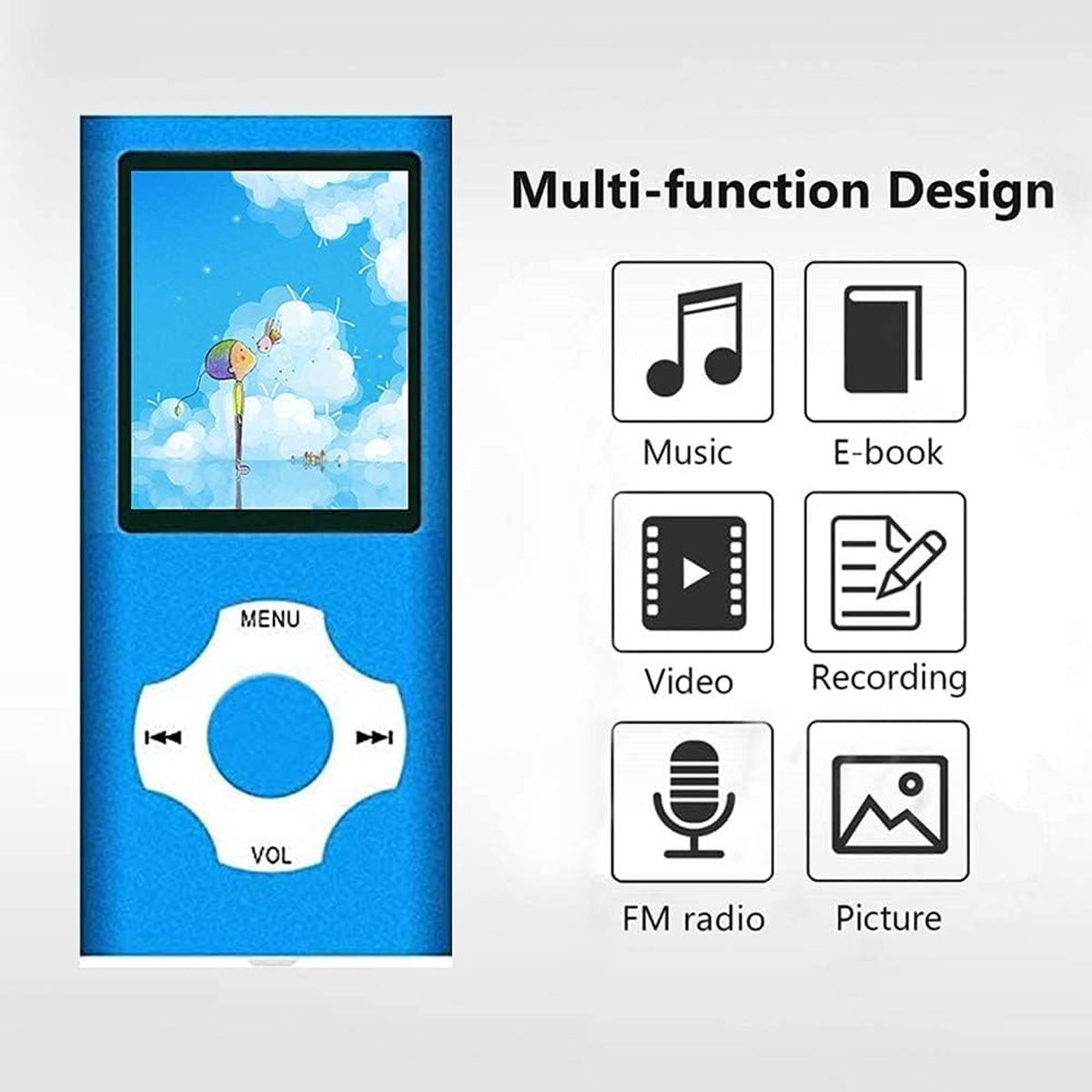 Blauer MP3-Player mit Bildschirm und Tasten. Symbole für Musik, Video und mehr. Weißer Hintergrund.
