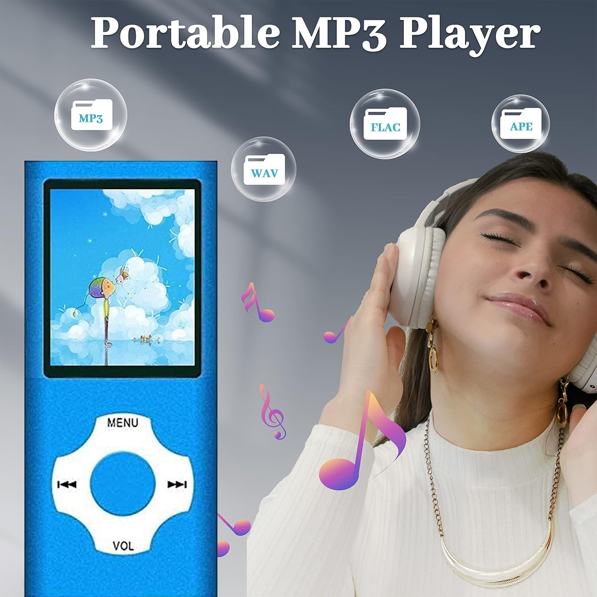 Blauer MP3-Player mit Bildschirm und Knöpfen. Frau mit Kopfhörern hört zu.
