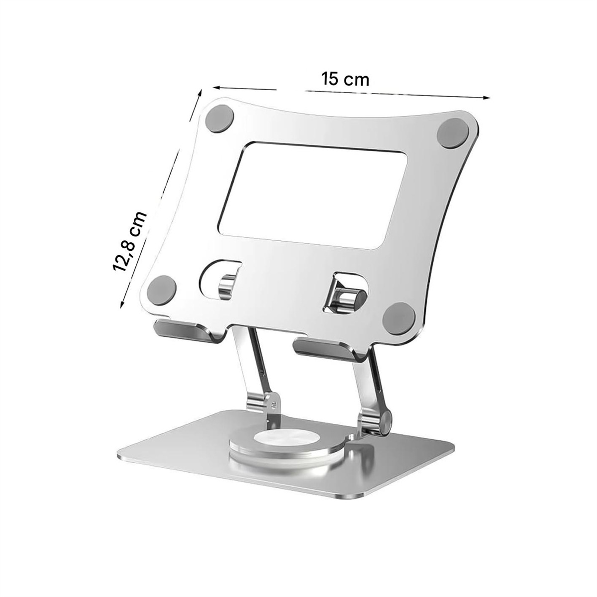 Silberner Laptopständer mit Maßangaben, 15 cm breit, 12,8 cm hoch. Weißer Hintergrund.