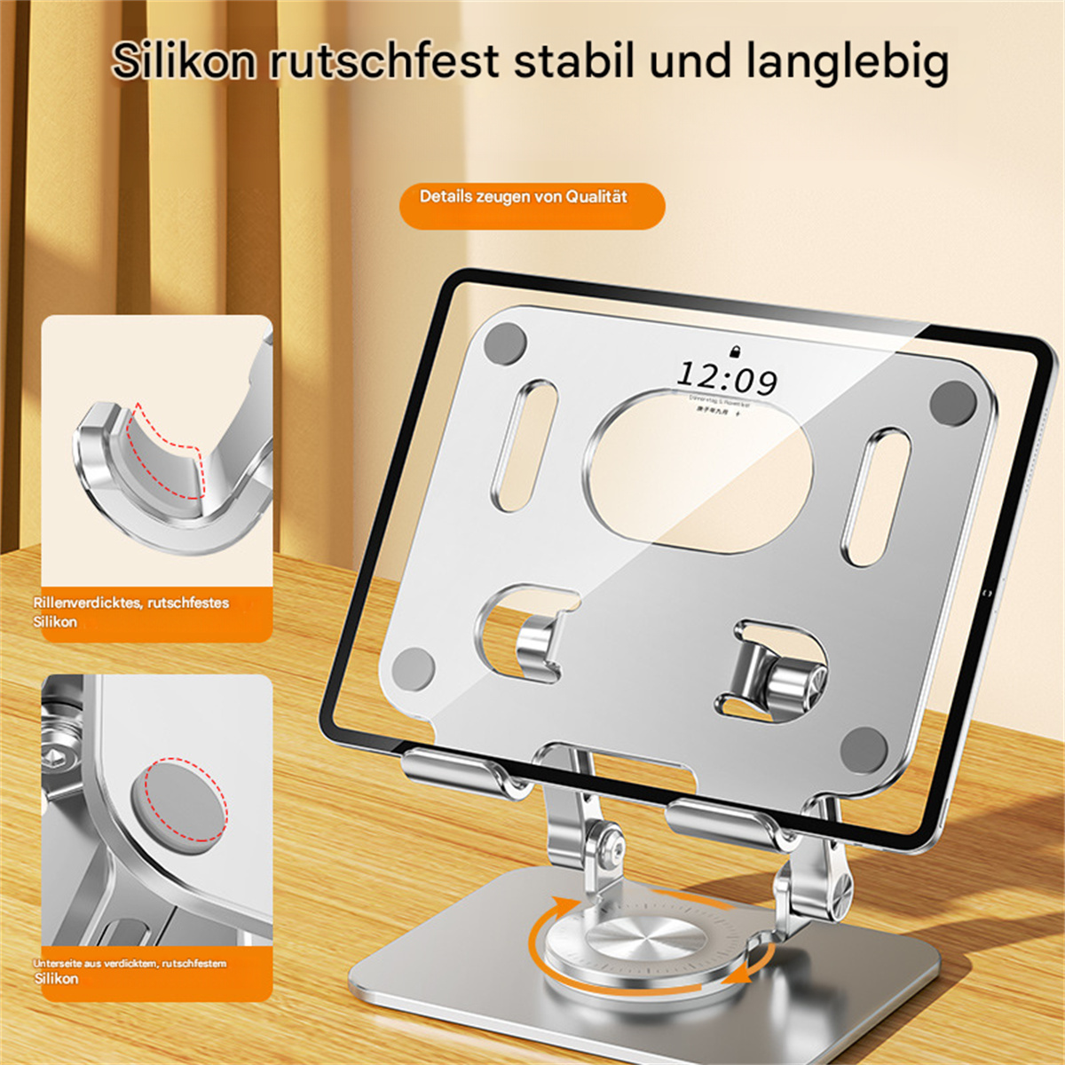 Silberner Tablethalter mit Tablet, Uhranzeige und drehbarer Basis.