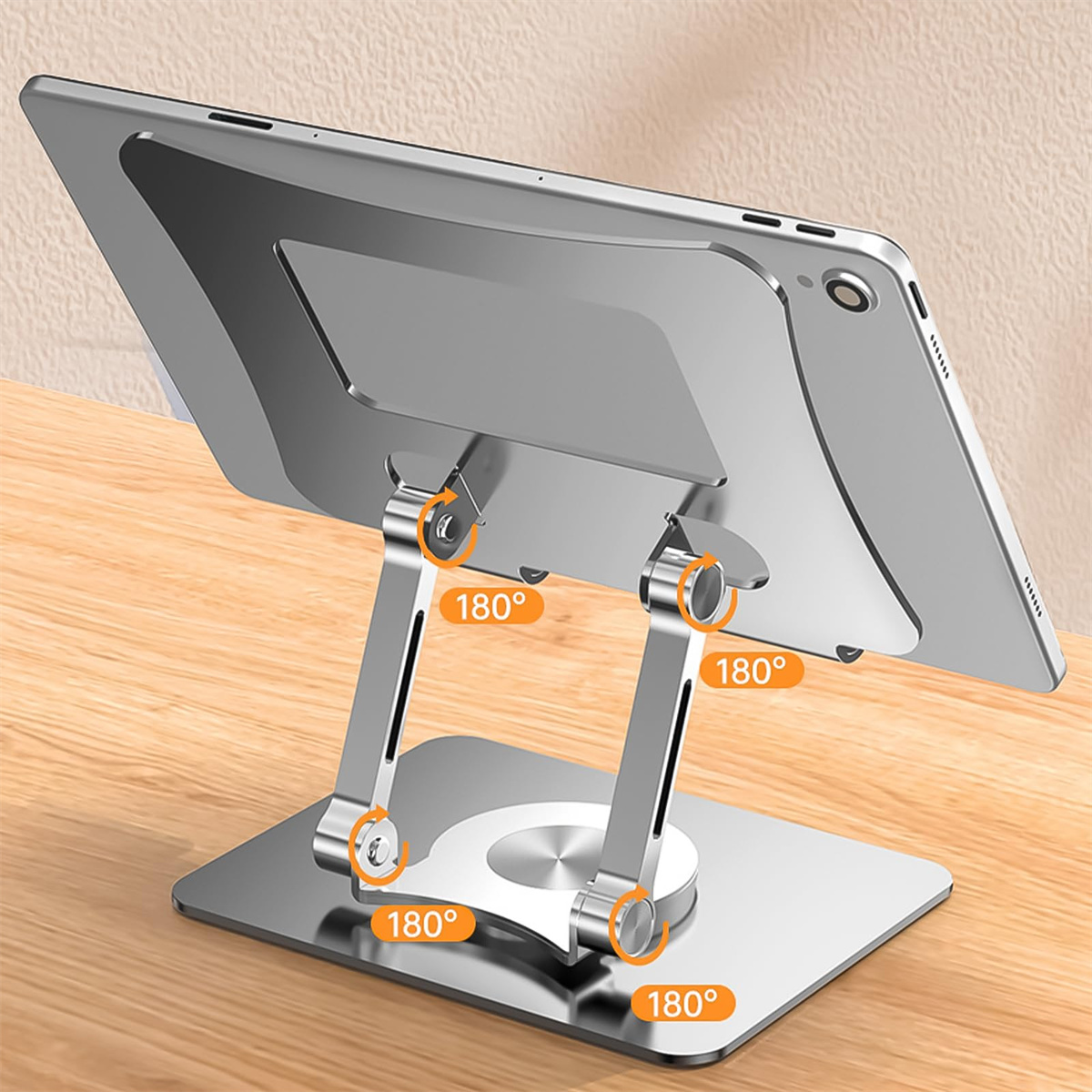 Silberner Tablet-Ständer, verstellbare Winkel auf einer Holzoberfläche.