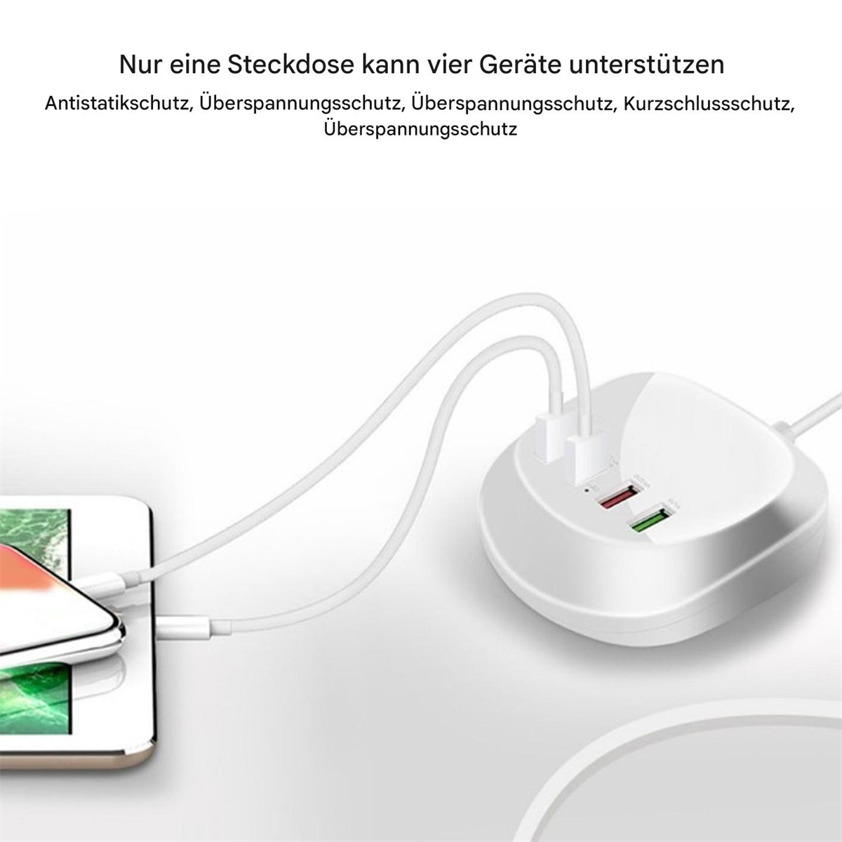 Weiße Steckdosenleiste mit mehreren Steckdosen, verbunden mit einem Tablet. Text: Eine Steckdose kann vier Geräte unterstützen.