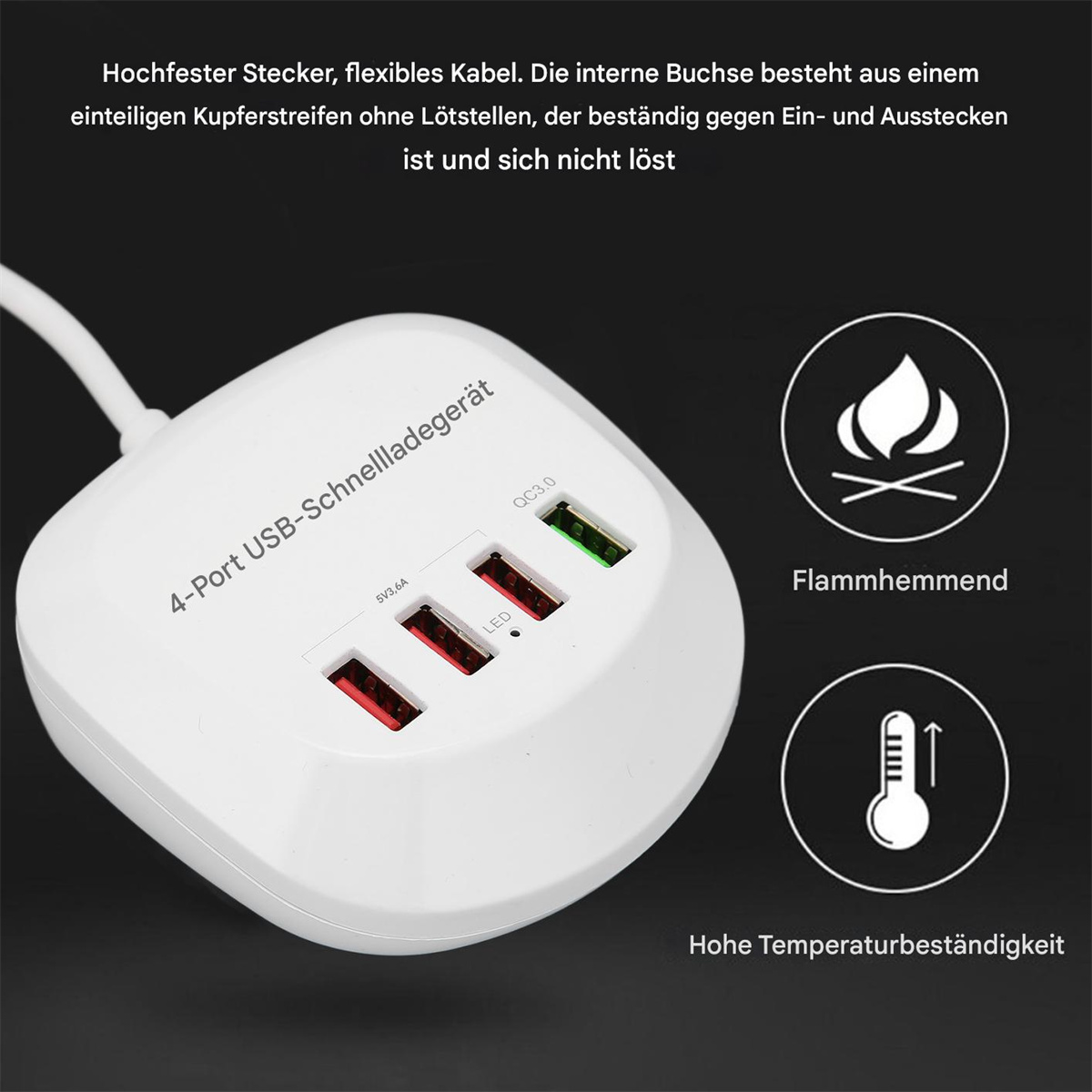 Ein weißes USB-Ladegerät mit vier Anschlüssen. Es gibt Symbole für Feuer und ein Thermometer.