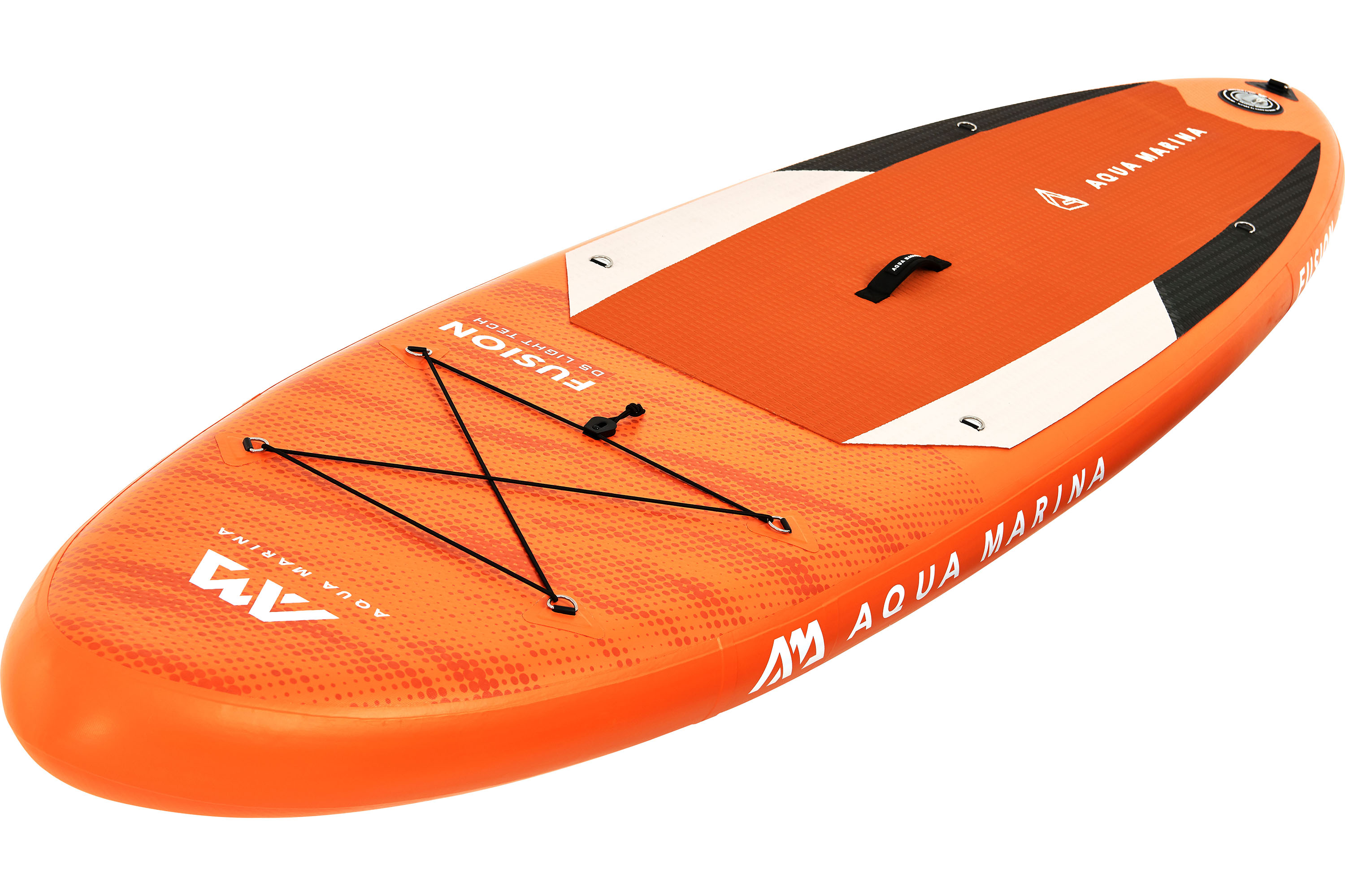 Ein orangefarbenes und weißes Paddleboard mit schwarzen Details.