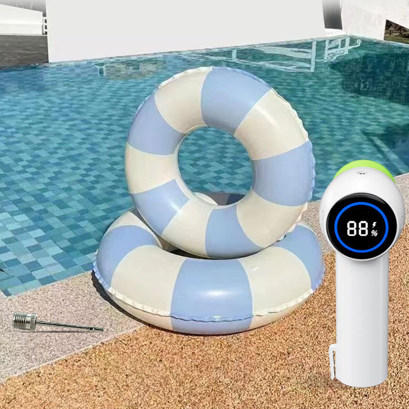 Zwei blau-weiße aufblasbare Ringe auf einer Poolterrasse neben einer Luftpumpe mit 88% Anzeige.