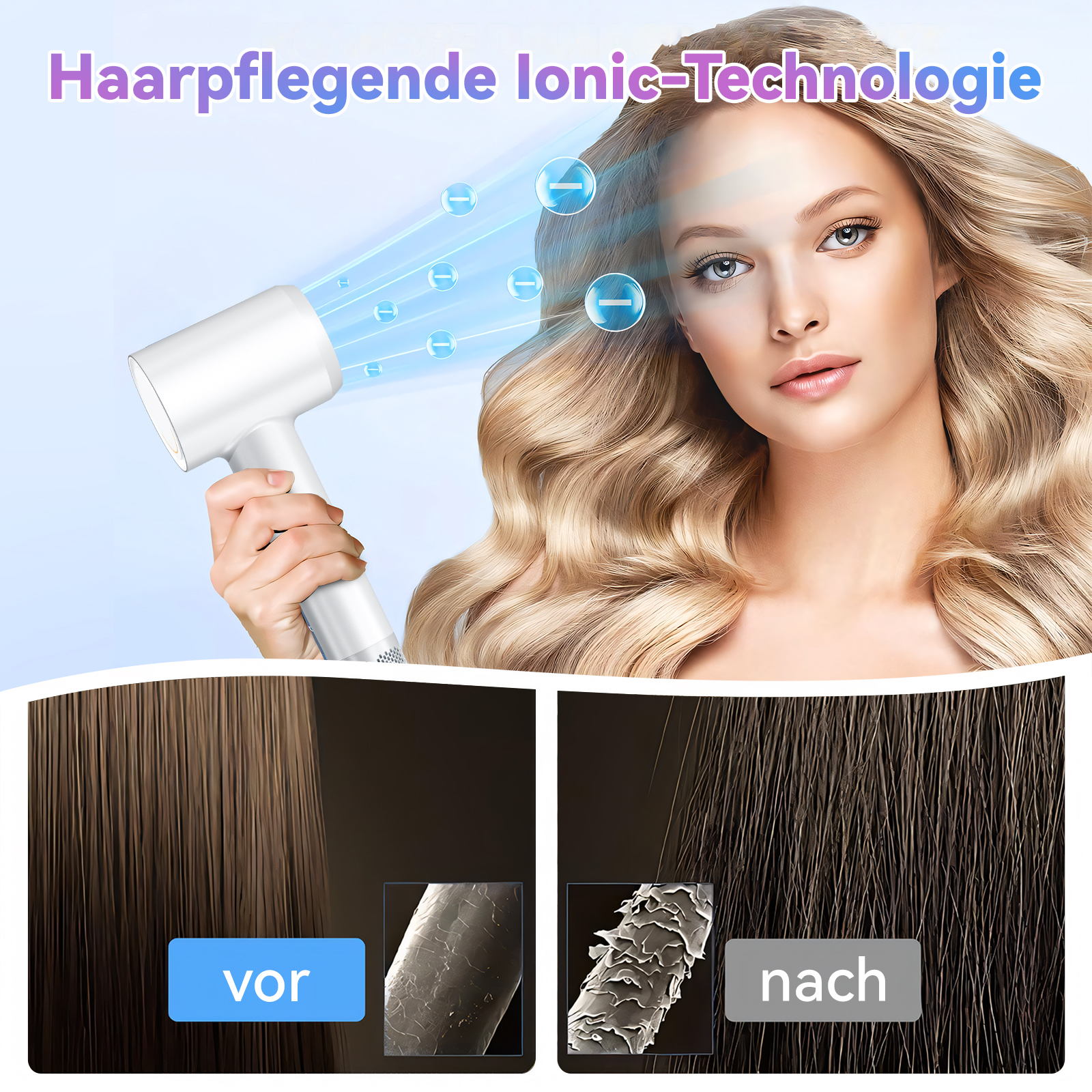 Frau mit Fön. Haarpartien mit Vorher- und Nachher-Ionen-Technologie-Behandlung gezeigt.