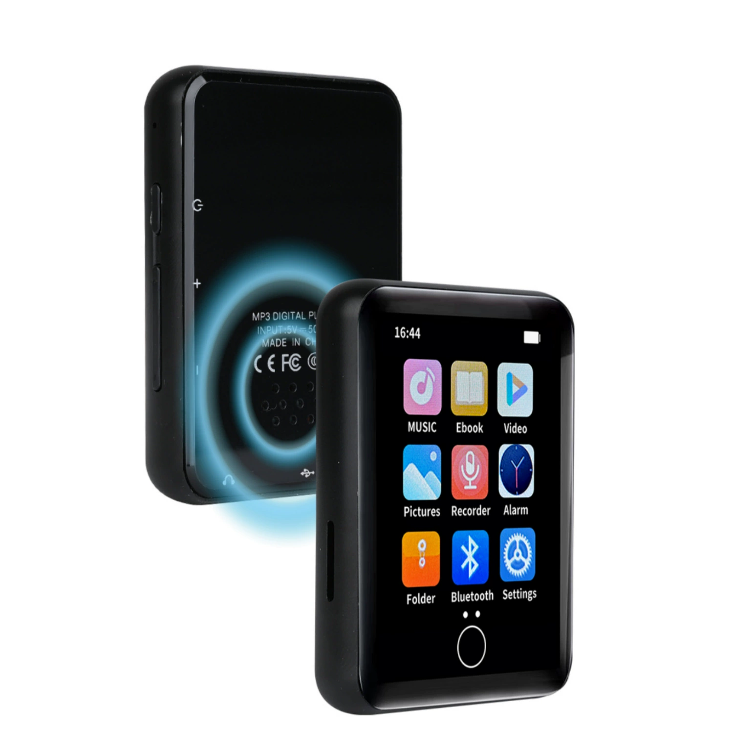 Schwarzer MP3-Player, zwei Winkel, mit einem Bildschirm, der Symbole anzeigt.