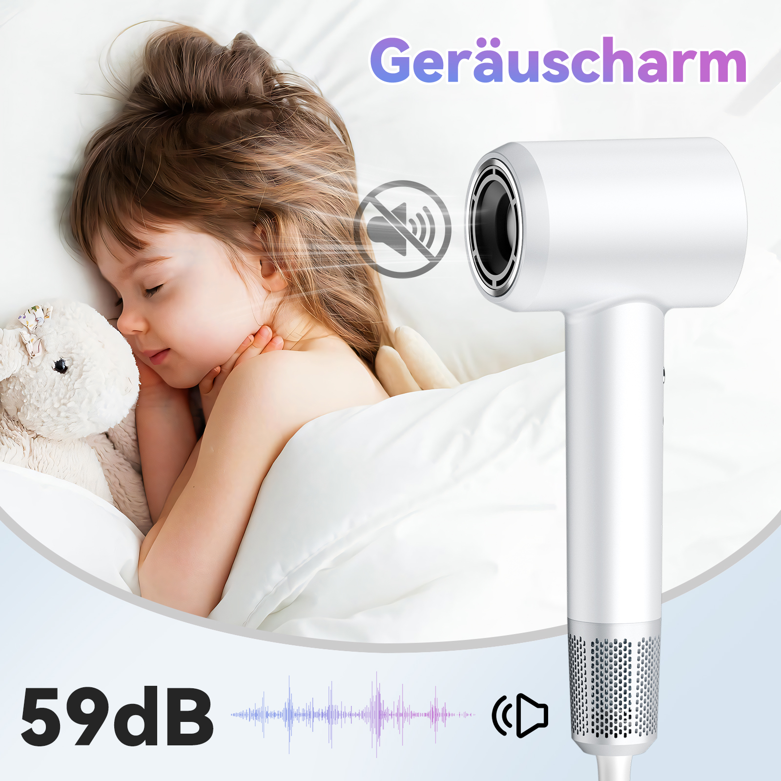 Ein schlafendes Kind mit einem weißen Fön, der 59 dB und Schallwellen zeigt.