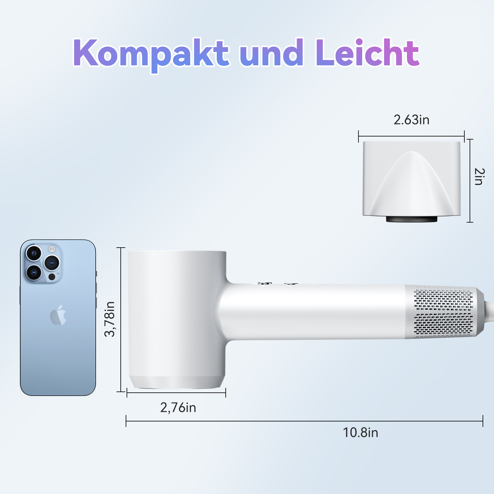 Ein weißer Haartrockner liegt auf einem Tisch. Maße und die Abmessungen des Telefons werden angezeigt.